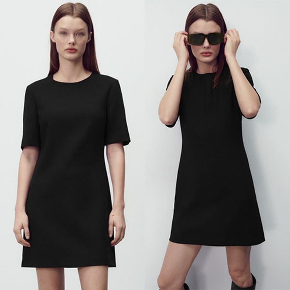 NEW Zara Round Neck Short Sleeves Black Mini Dress Size: Small